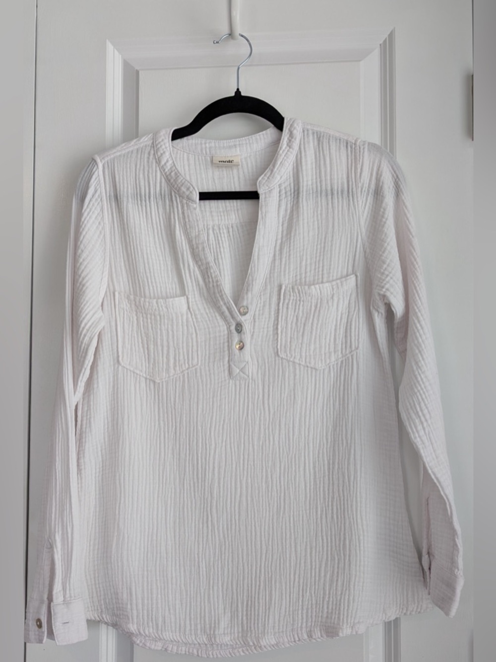 Mote 100% Cotton Long Sleeve Pullover Gauze Boho Beachy Top White Size Small